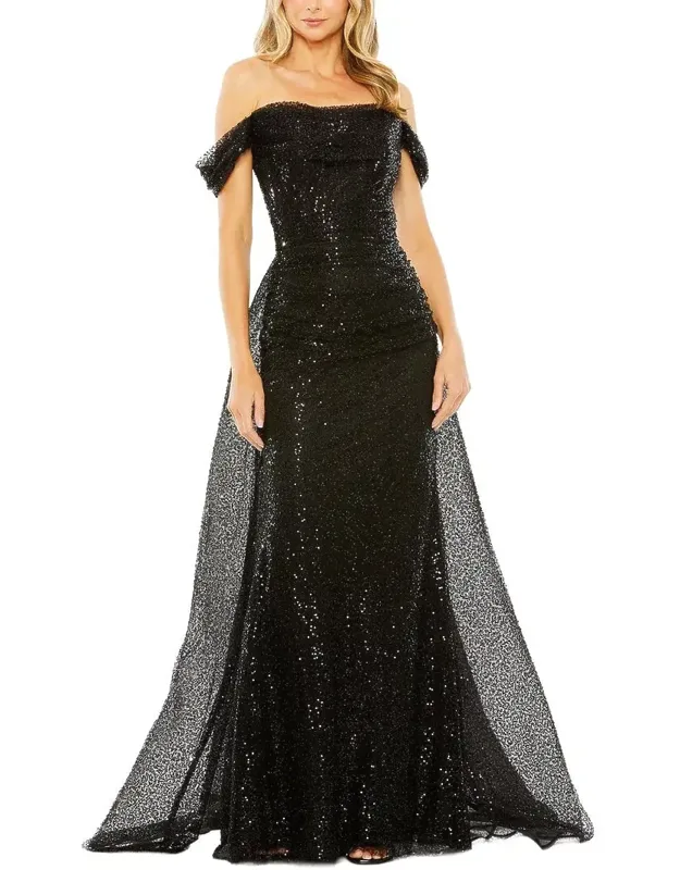 Off The Shoulder Sequin Panel Train Dress