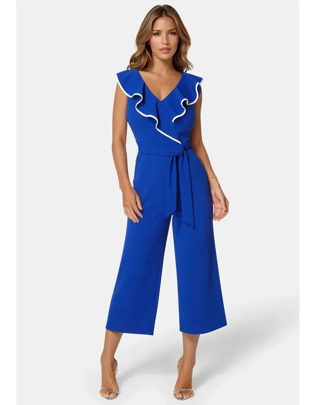 Scuba Crepe Ruffle V-neck Jumpsuit