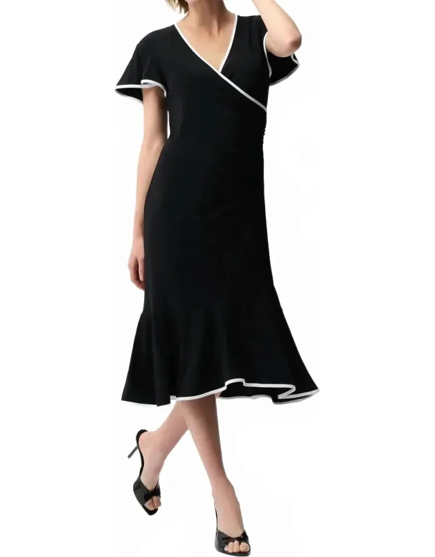 Contrast Trim Faux Wrap Midi Dress