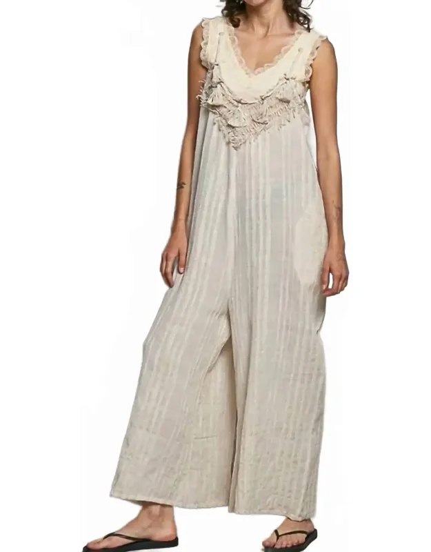 Artisan Stripe Cotton Tassel Raw Edge Jumpsuit