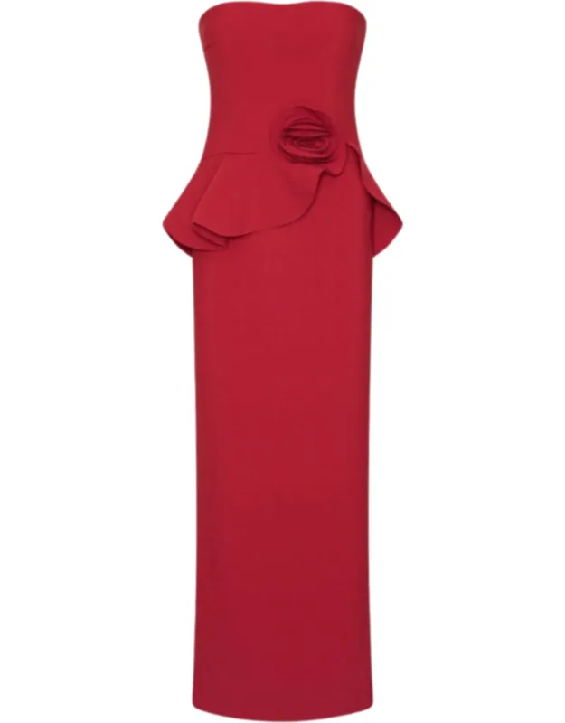 Long Flower Applique Rose Strapless Midi Dress