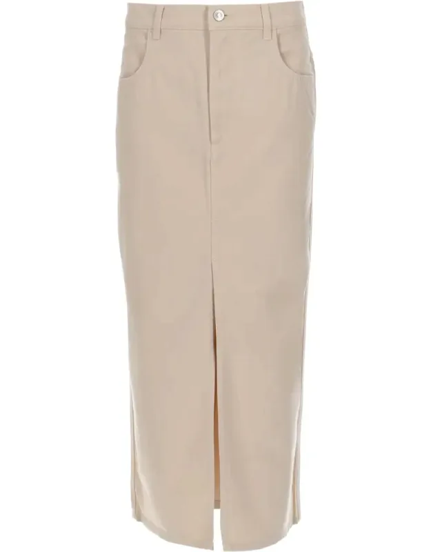 Knee-length Silk-blend Skirt With Front Slit And Classic Five-pocket Design