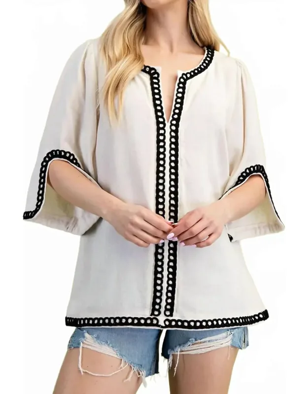 3/4 Sleeve Linen Tunic With Embroidered Details
