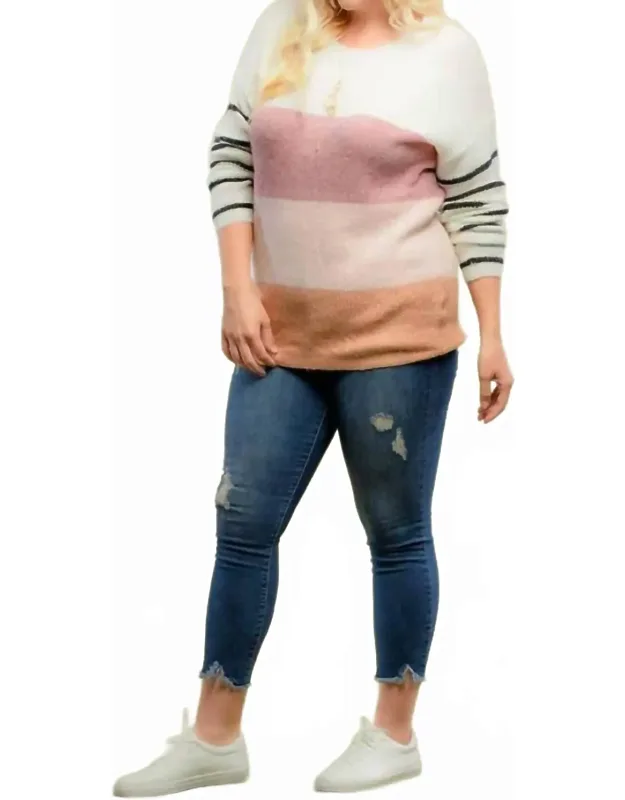 Blocked Color Sweater Top With Striped Sleeve