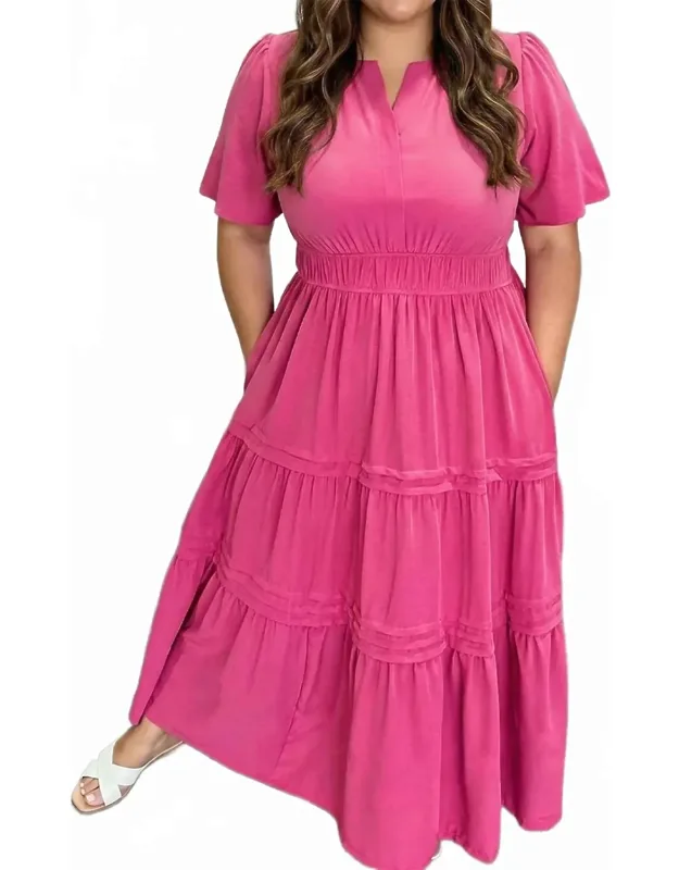 Split Neck Short Sleeve Flare Tiered Maxi Dress
