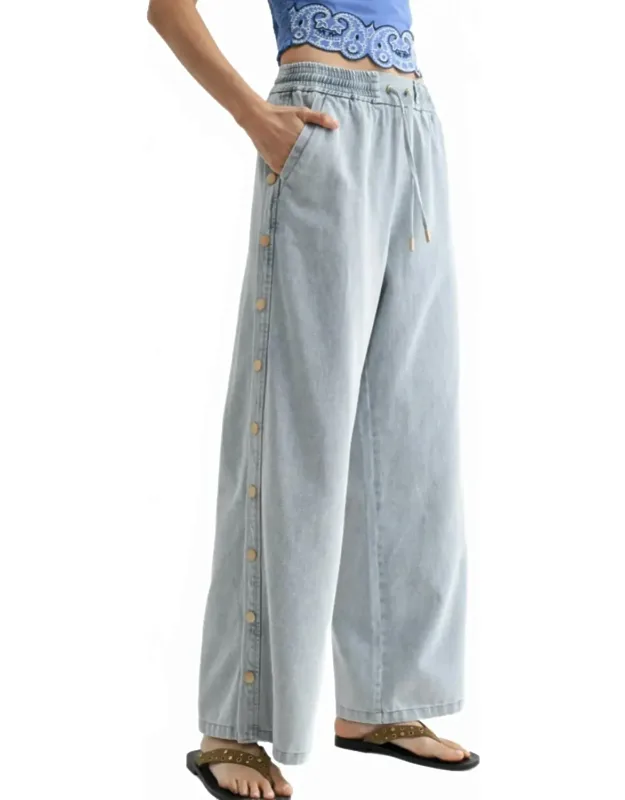 Wide Leg Denim Pants With Side Snap Button Detail