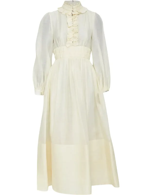 Ruffle Trim Linen Silk Midi Dress
