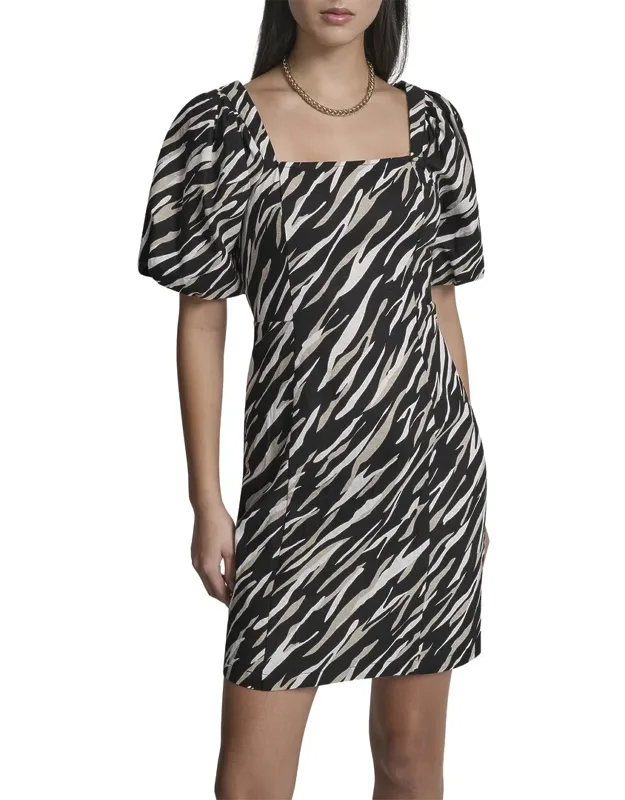 Puff Sleeve Printed Linen-blend Dress