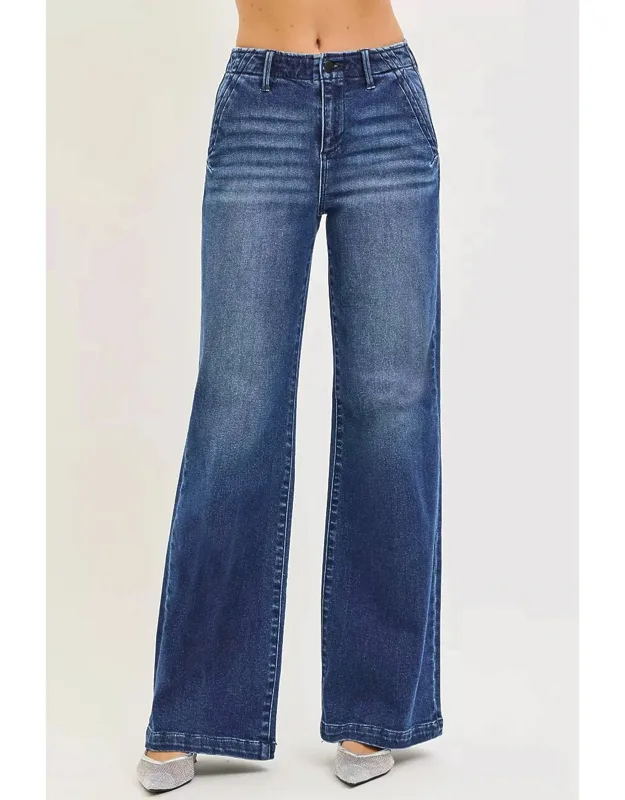 High Rise Wide Leg Slanted Pocket Jeans