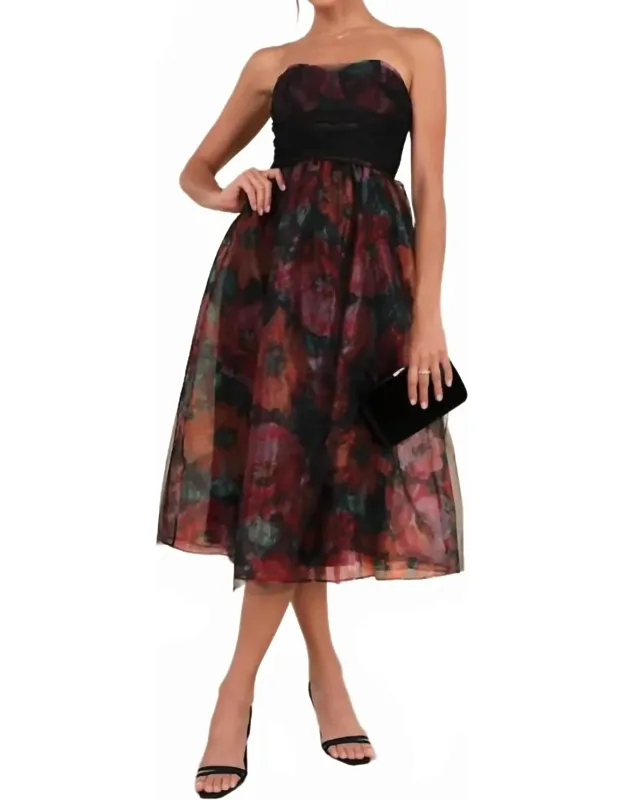 Organza Mesh Strapless Midi Dress