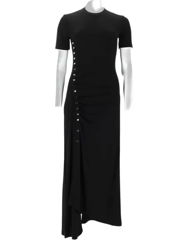 Draped Jersey Maxi Dress With Asymmetrical Hem And Button Detail