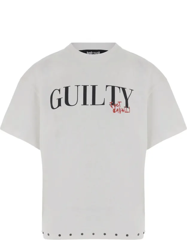 Cotton T-shirt With Bold Logo Print And Studded Hem