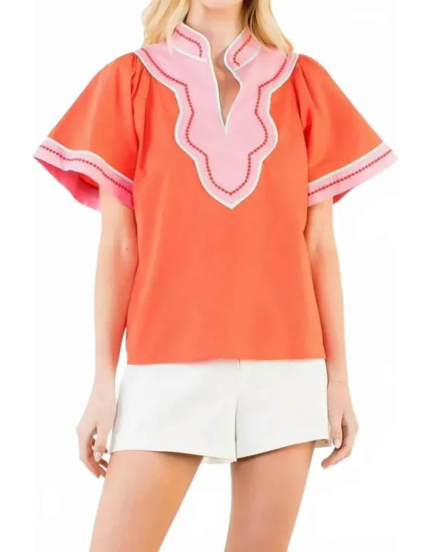 Contrast Trim Wide Sleeve V Neck Top