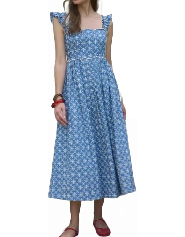 Embroidered Geo Pattern Scallop Trim Midi Dress