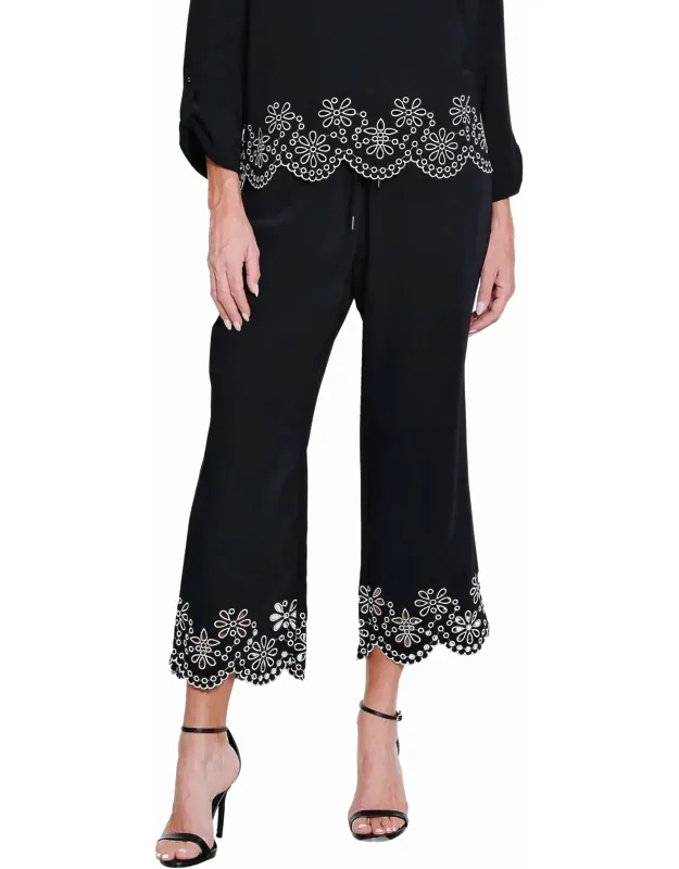 Embroidered Hem Wide Leg Crop Pants