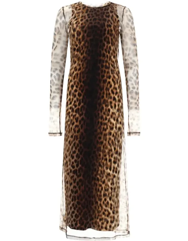 Fitted Midi Dress With Tulle Overlay And Leopard Base