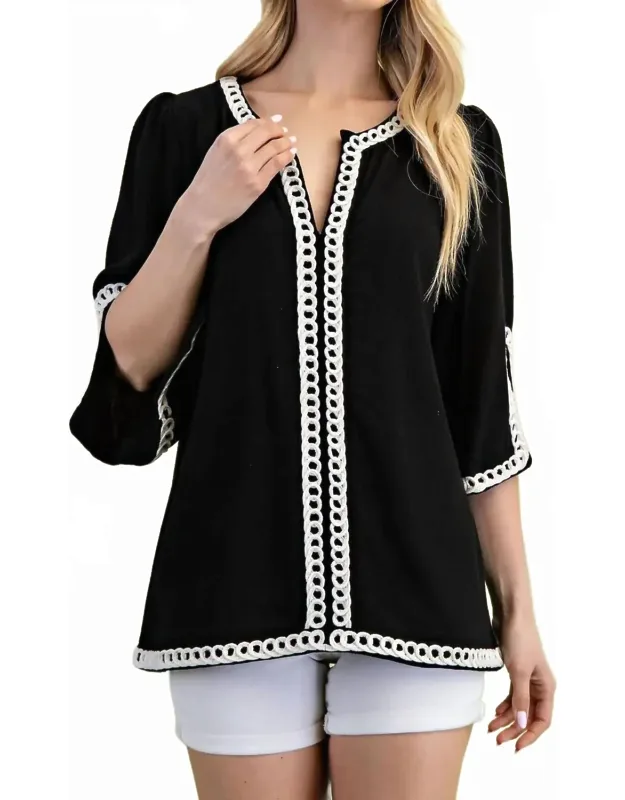 3/4 Sleeve Linen Tunic With Embroidered Details