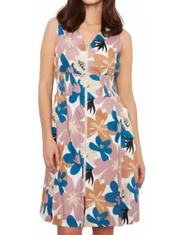 Cotton Voile Printed Front-zip Midi Dress