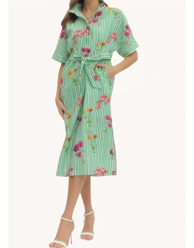 Bouquet Stripe Cotton Midi Shirt Dress