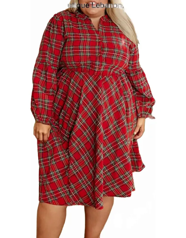Christmas Plaid Half Button Long Sleeve Dress