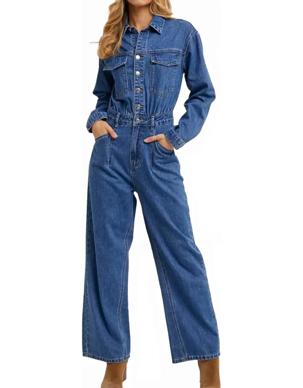 Button Down Denim Straight Leg Jumpsuit