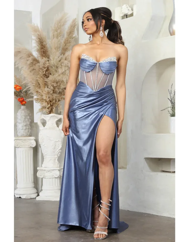 Strapless Satin Corset Bodice Long Prom Dress With High Slit And Beaded Embellishments
