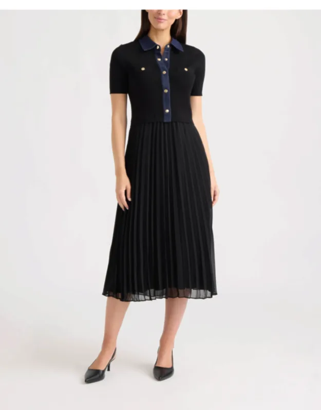Short Sleeve Twofer Dress With Pleated Skirt