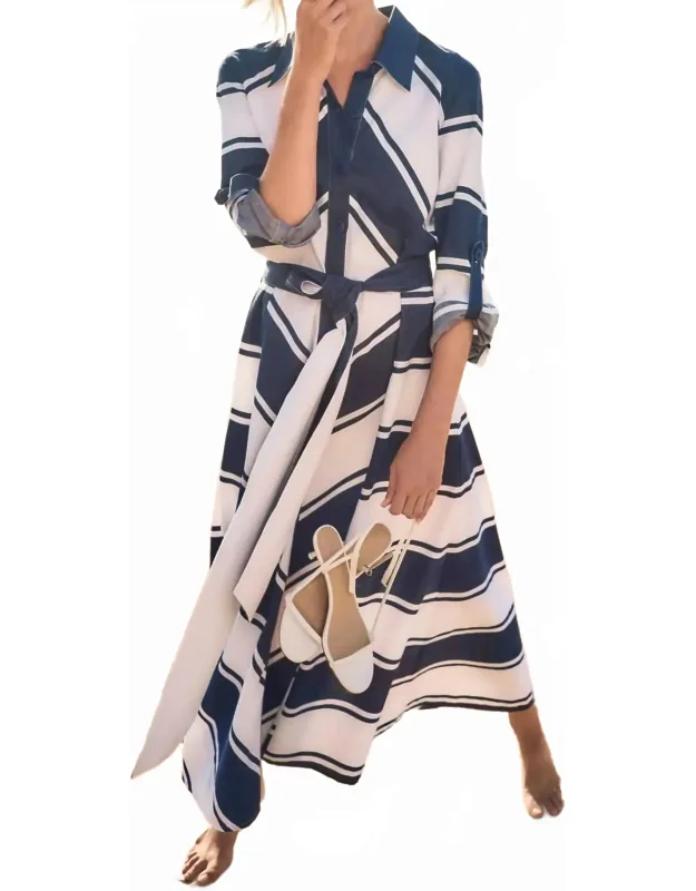 Striped Belted Midi Fit And Flare Dress
