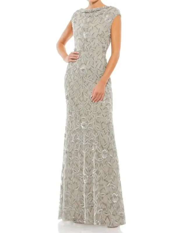 Cowl Neckline Embellished Sequin Floral Dress