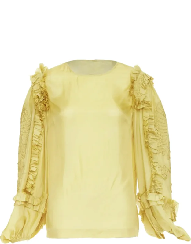 Silk Ruffle Applique Puff Sleeve Blouse