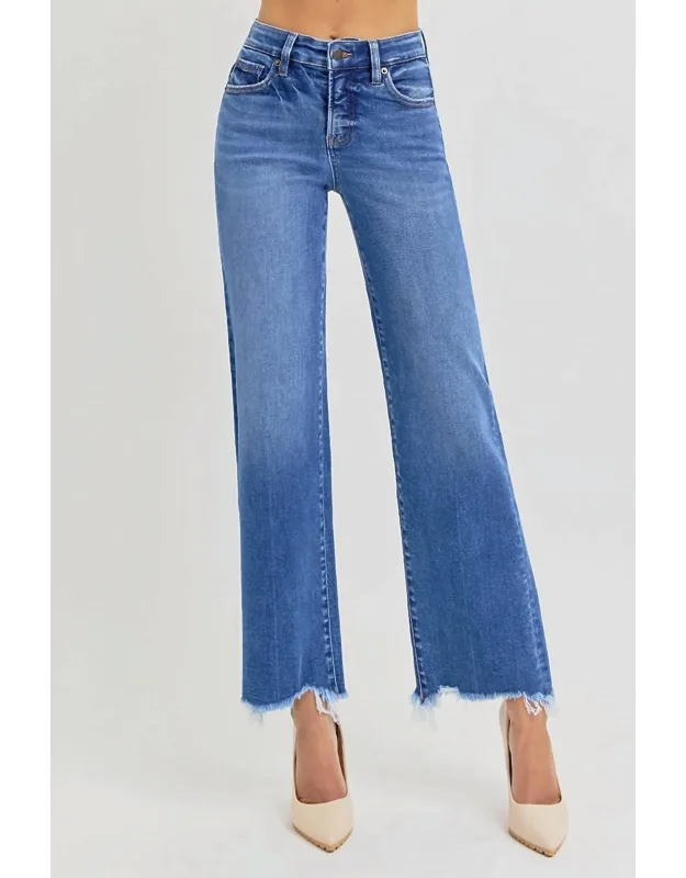 High Rise Frayed Hem Straight Ankle Jeans