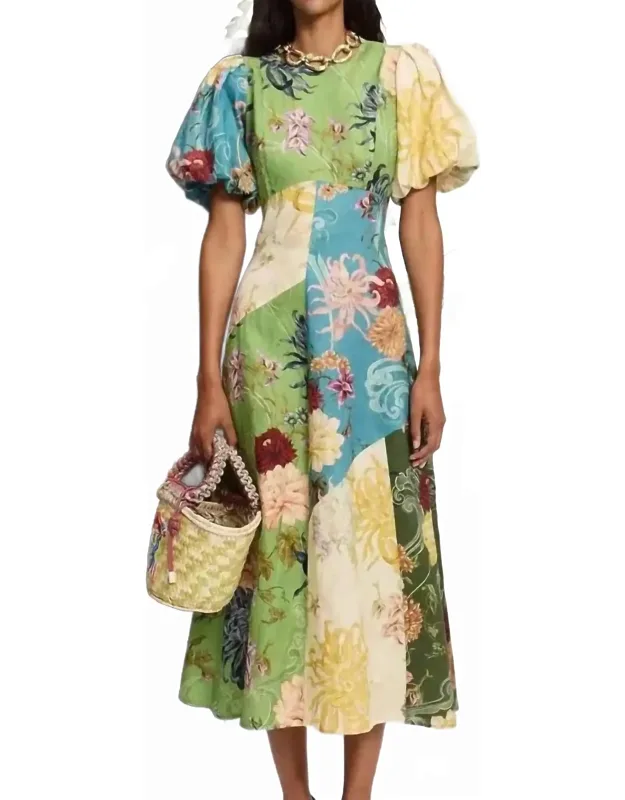 Floral Print Puff Sleeve Linen Dress