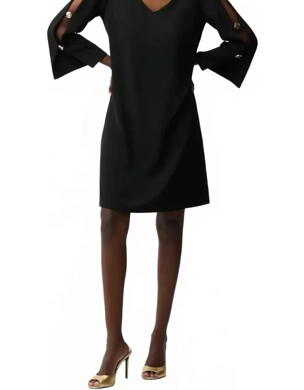 Button Accent Slit Sleeve Shift Dress