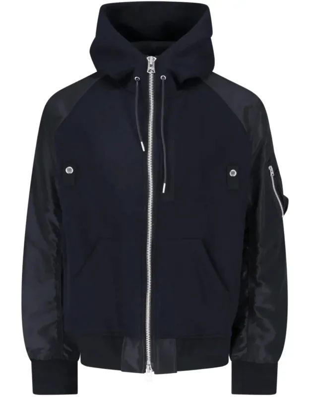 Technical Fabric Bomber Jacket With Hood And Zippered Pockets