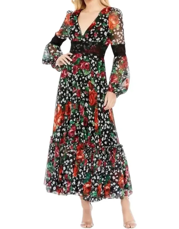 Floral Chiffon Lace Puff Sleeve Midi Dress