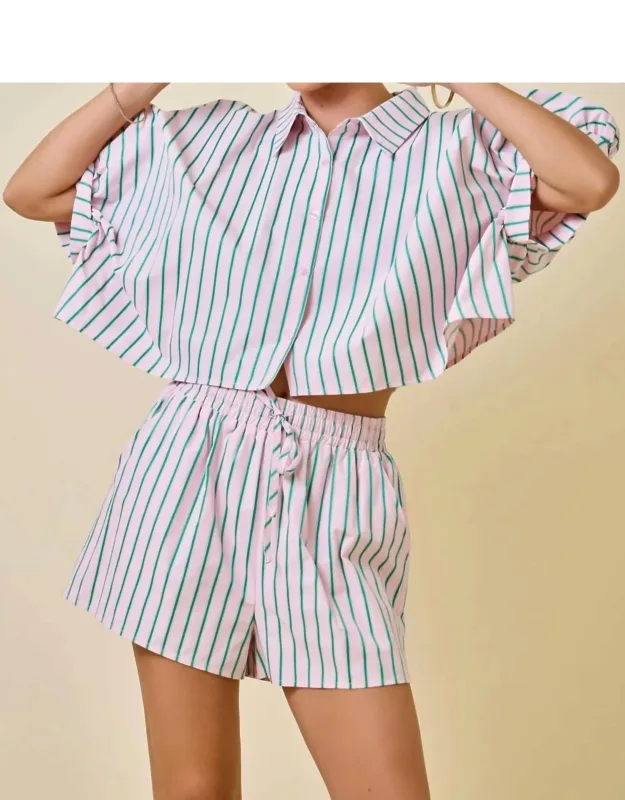 Striped Boxy Cropped Shirt With Shorts Set