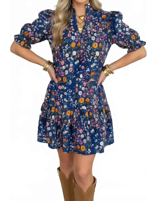 Floral Split Neck Puff Sleeve Mini Dress
