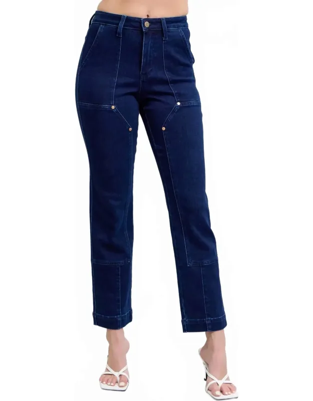 High Waisted Work Wear Knee Patch Straight Jeans