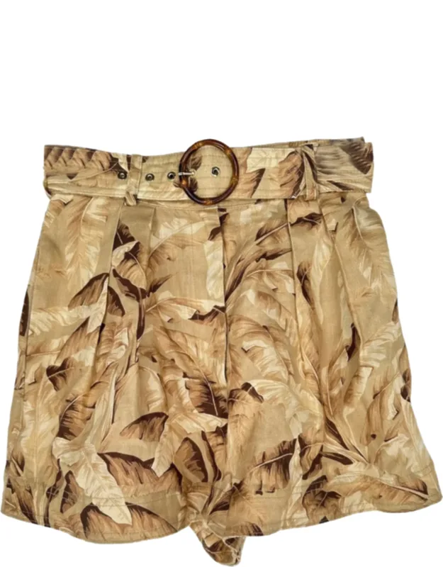 Belted Leaf-print Shorts