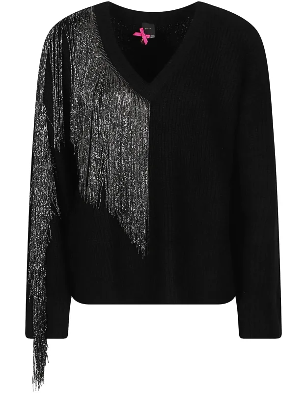 Cropped Asymmetrical Silver Fringe V-neck Sweater