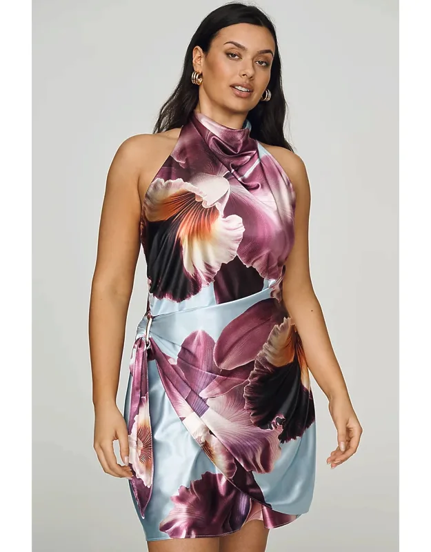 Draped Halter Satin Mini Dress