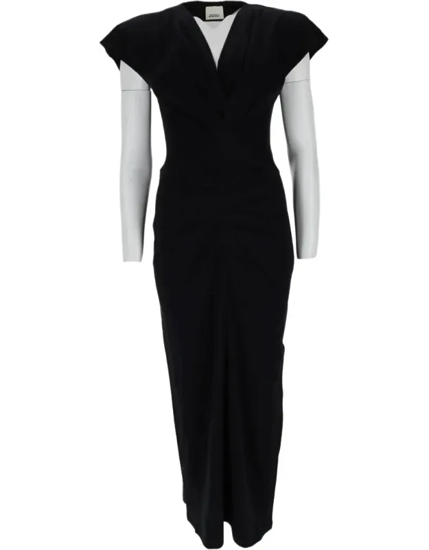 Fitted Midi Dress With Deep V-neckline And Structured Shoulders