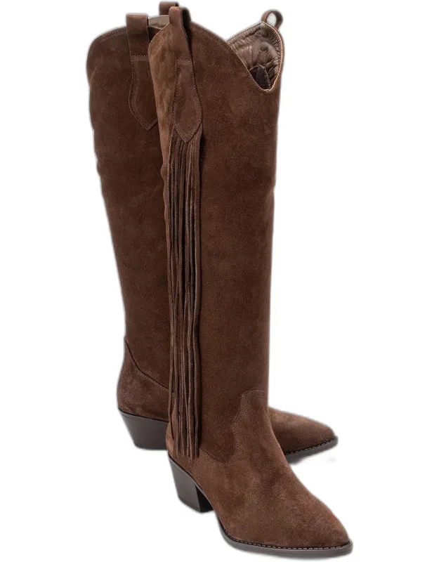 Rios Leather Fringe Knee High Boot With Genuine Suede Upper And Rubber Sole