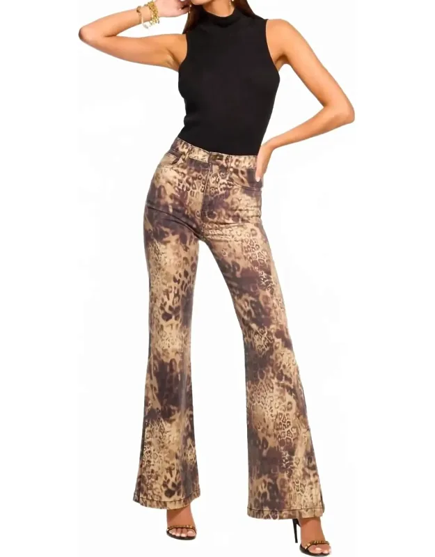 Printed High Waisted Flare Jeans In Leopard Denim