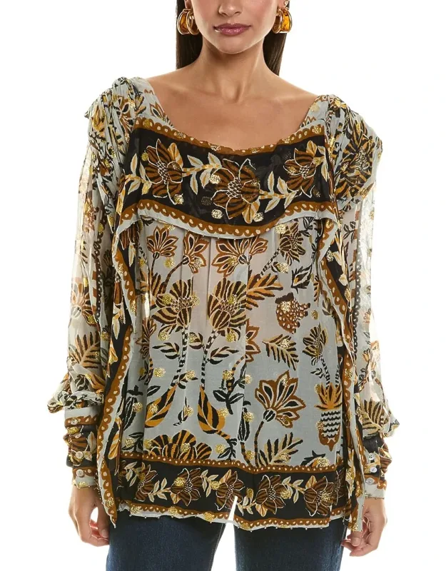 Floral Tapestry Silver Bee Hive Detail Long Sleeve Blouse