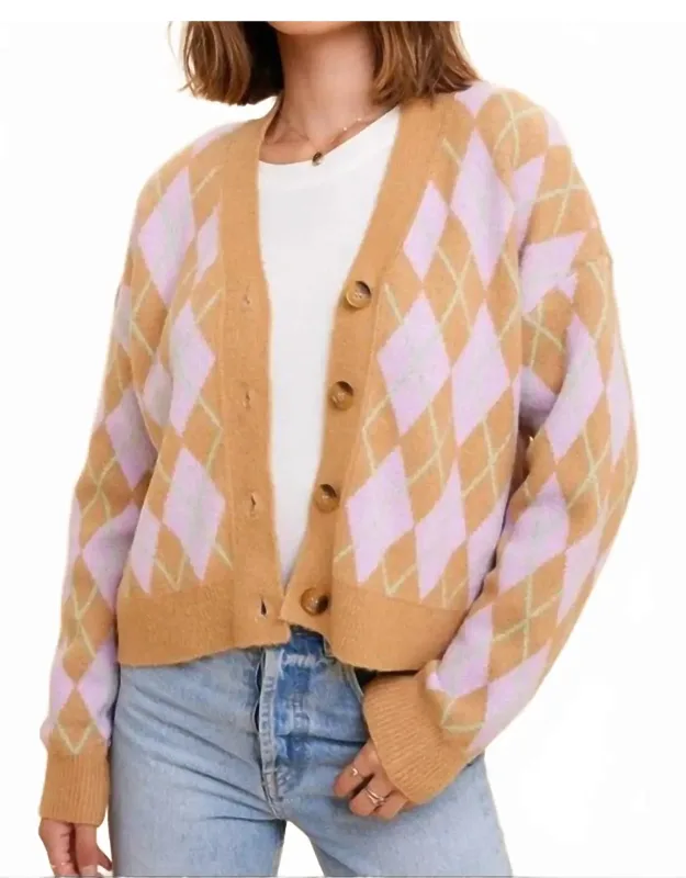 Retro Vibes Argyle Patterned Jacquard Cardigan