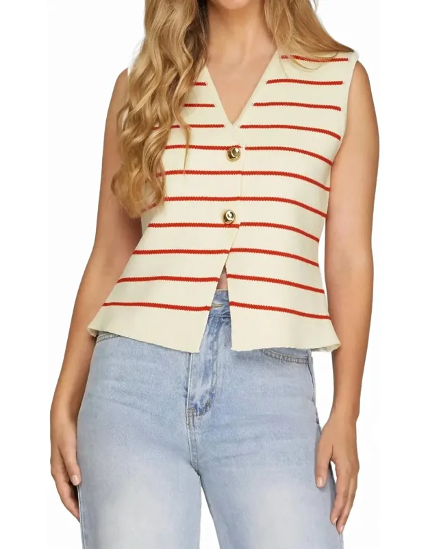 Sleeveless Button Striped Knit Sweater Vest
