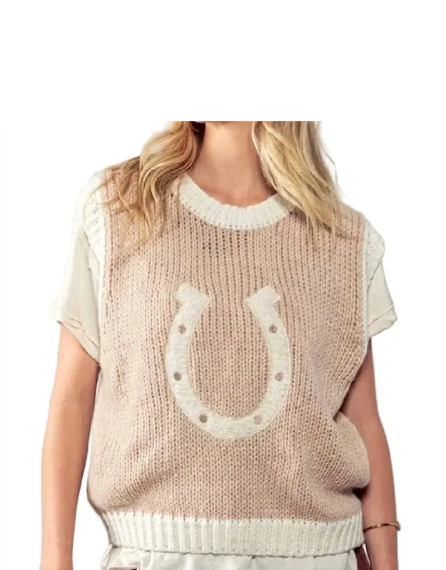 Horseshoe Crochet Knit Ribbed Trim Sweater Vest