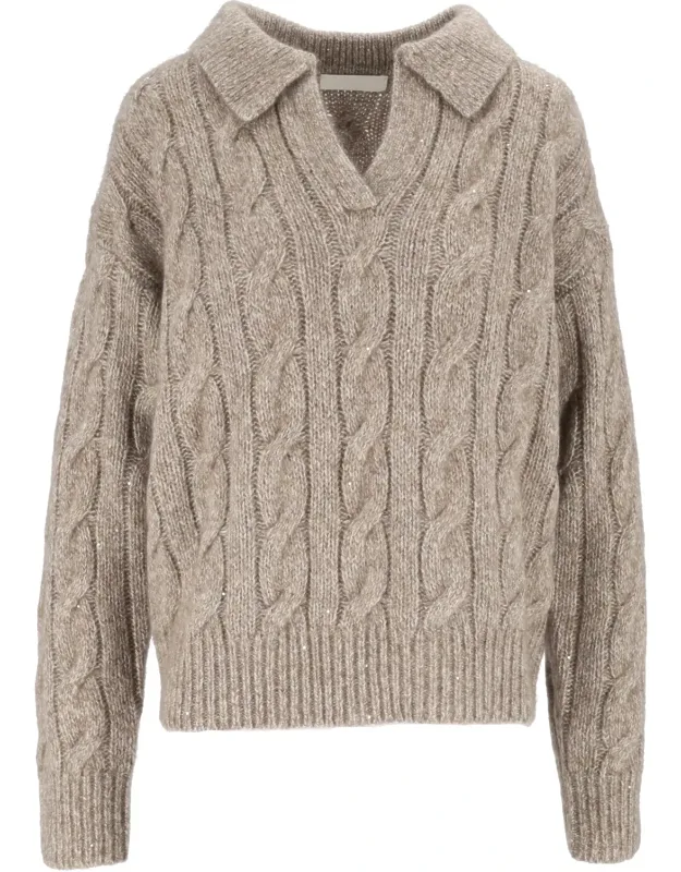 Cable-knit V-neck Wool Sweater