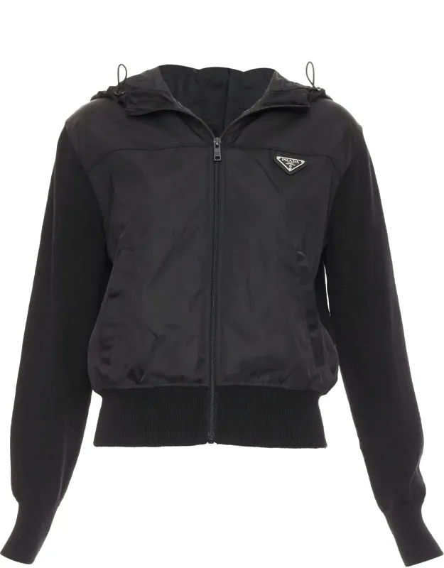 Virgin Wool Nylon Front Triangle Logo Zip Hoodie